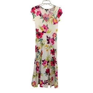 Chaps Women's XS White Floral Midi Dress  Fit & Flare V-Neck 3 Button Front